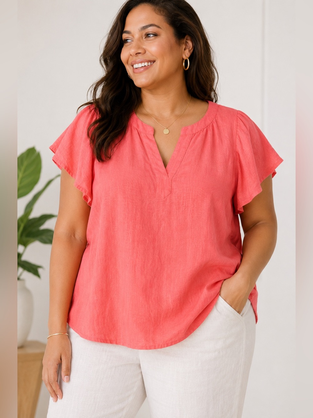 J. Crew Coral Flutter-Sleeve V-Neck Tunic Top